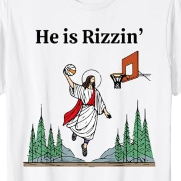 He Is Rizzin Funny Kids Easter Jesus Basketball Meme Graphic Statement Shirt 159 - Picture 2 of 5